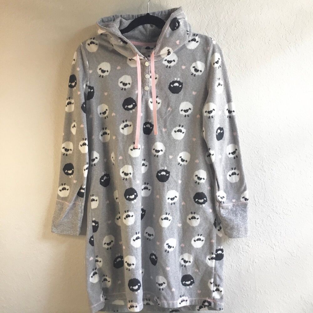 Hooded fleece sheep pj top nightwear ears on hood loungewear grey black white M - Picture 2 of 8